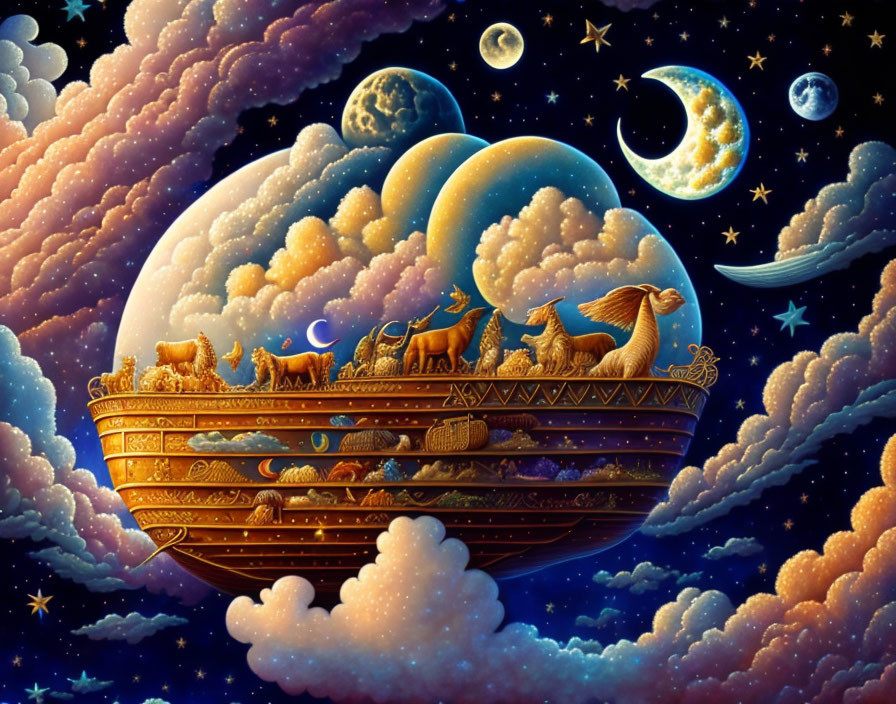 Wooden ship with animals sailing through cosmos and celestial bodies.