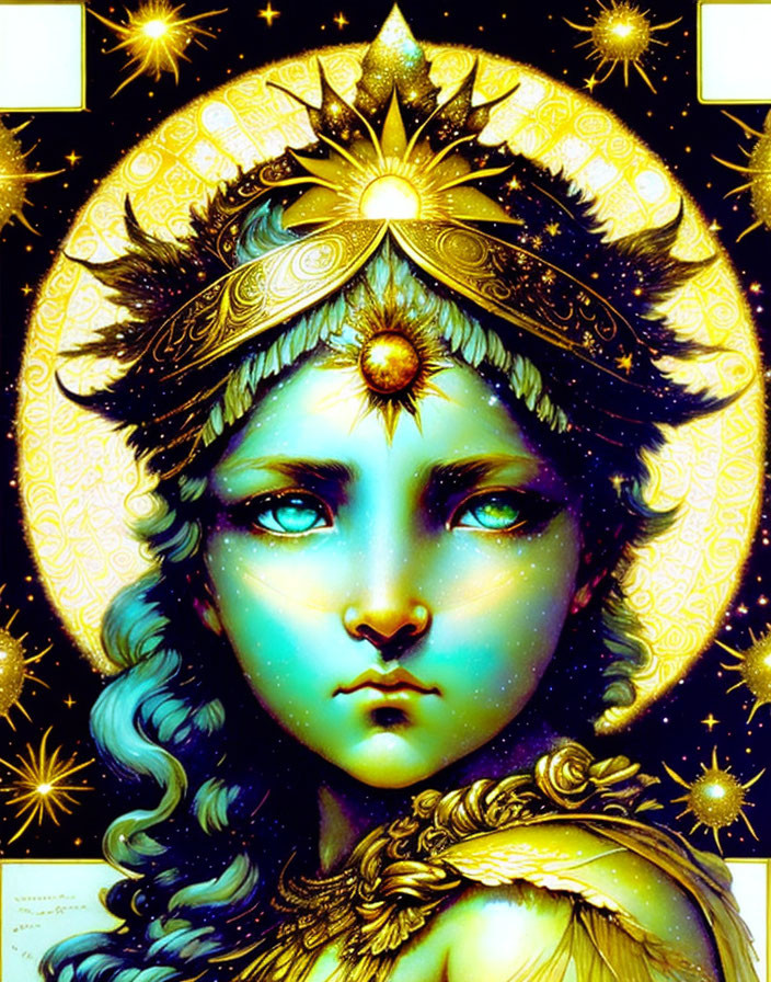 Illustration of blue-skinned person with celestial adornments on starry background