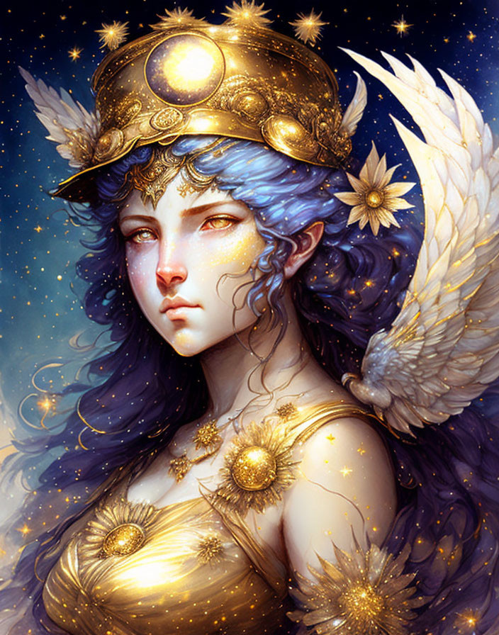 Celestial being with blue hair, golden headdress, feathered wings, stars