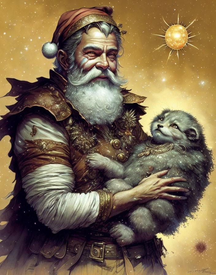 Steampunk Santa with Fluffy Creature in Starry Scene