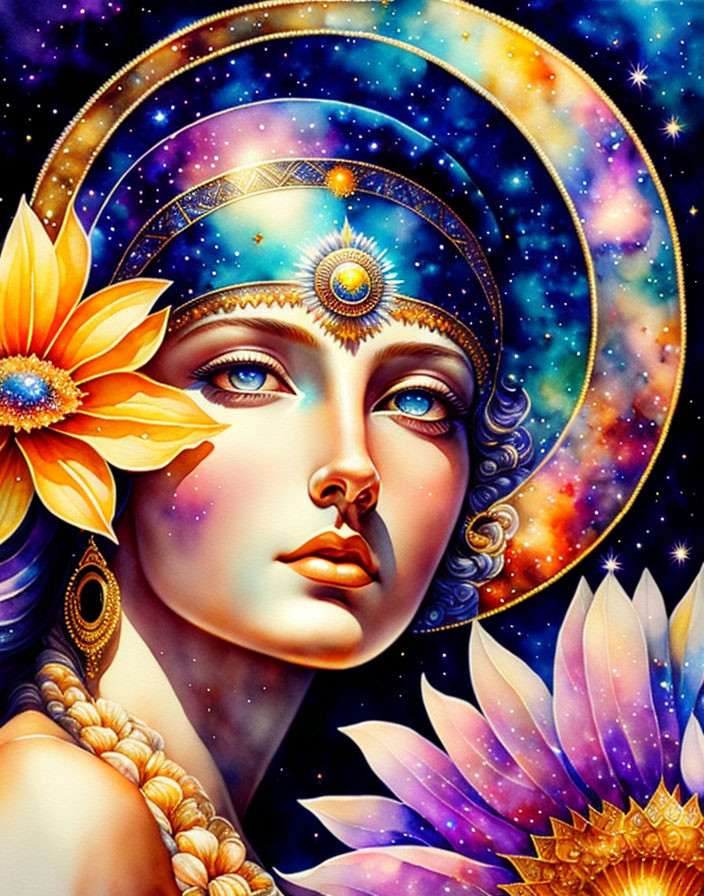 Vivid painting of woman with blue skin and cosmic elements