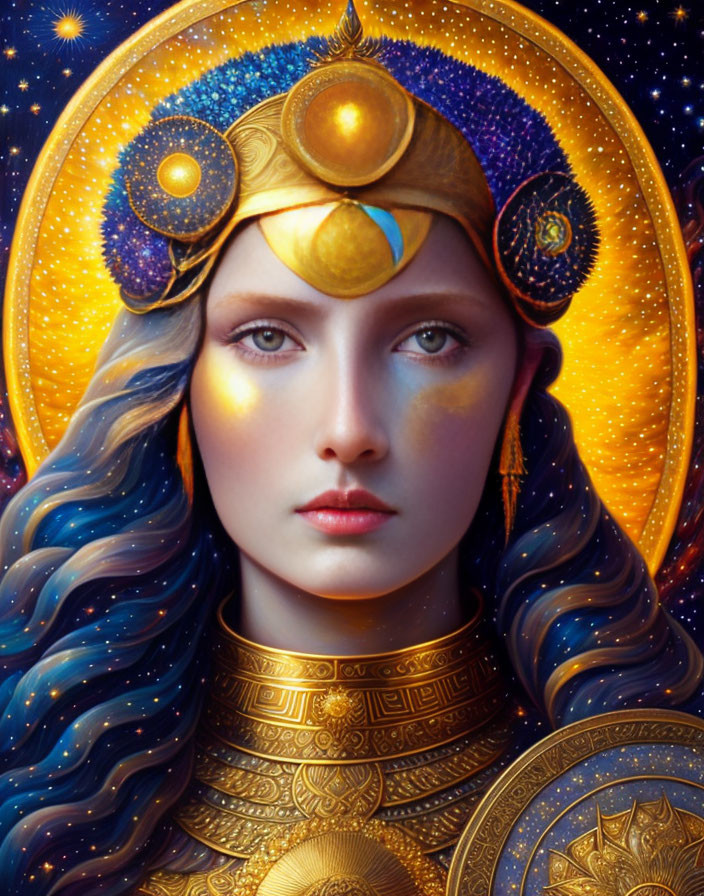 Blue-haired female figure in celestial armor with halo and cosmic background