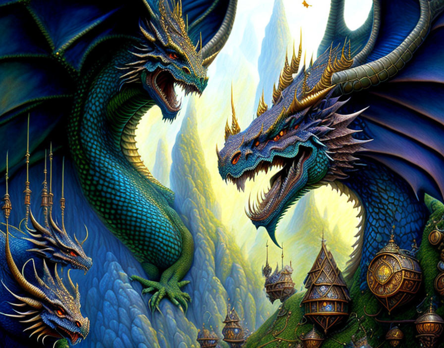 Fantasy Artwork: Majestic Blue Dragons in Mountainous Terrain