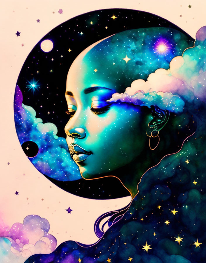 Vibrant illustration of woman merging with cosmic night sky