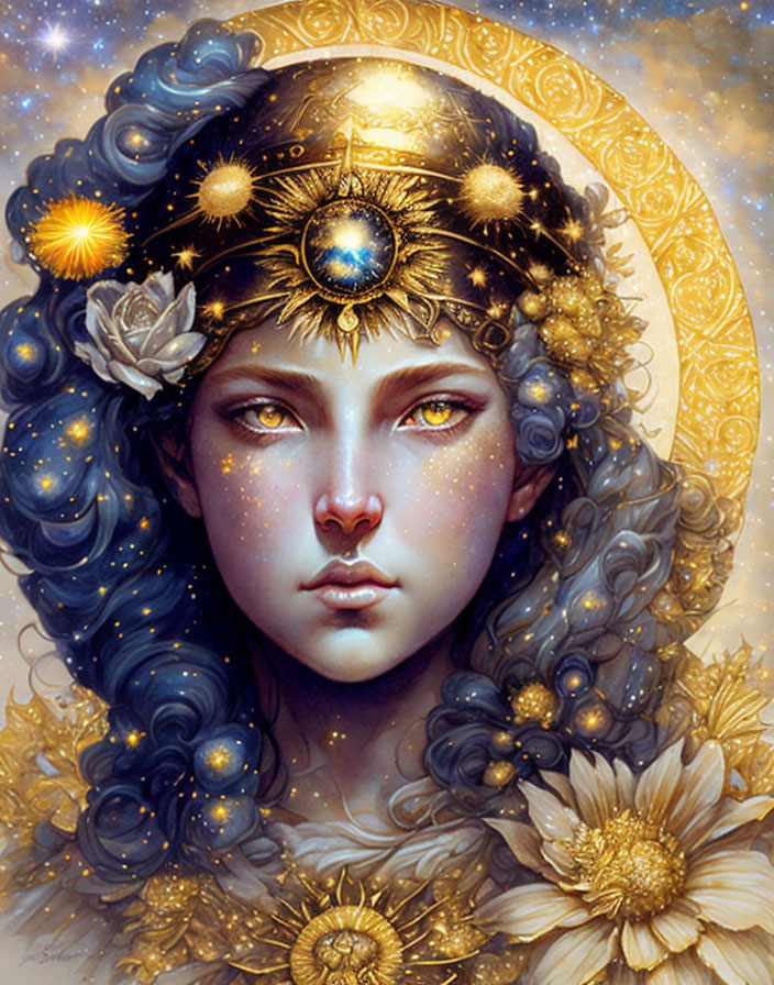 Fantasy illustration of a woman with night sky-themed hair and celestial ornaments.