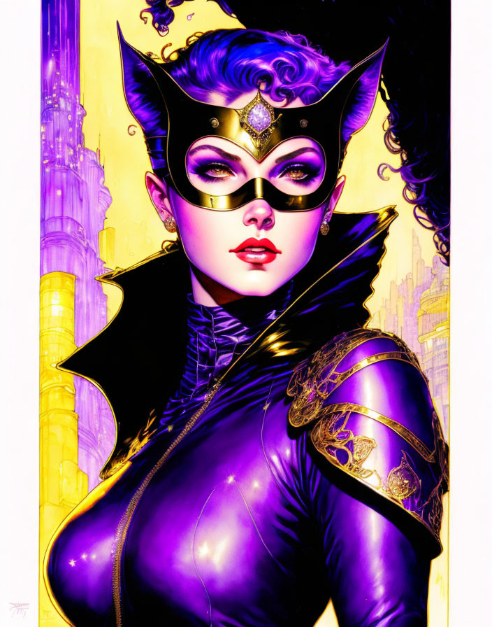 Illustration of Woman in Purple and Gold Costume with Mask and Cowl against Yellow Cityscape