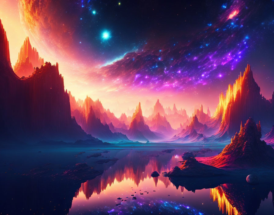 Colorful digital artwork: surreal landscape with rock formations, water body, nebula, planet