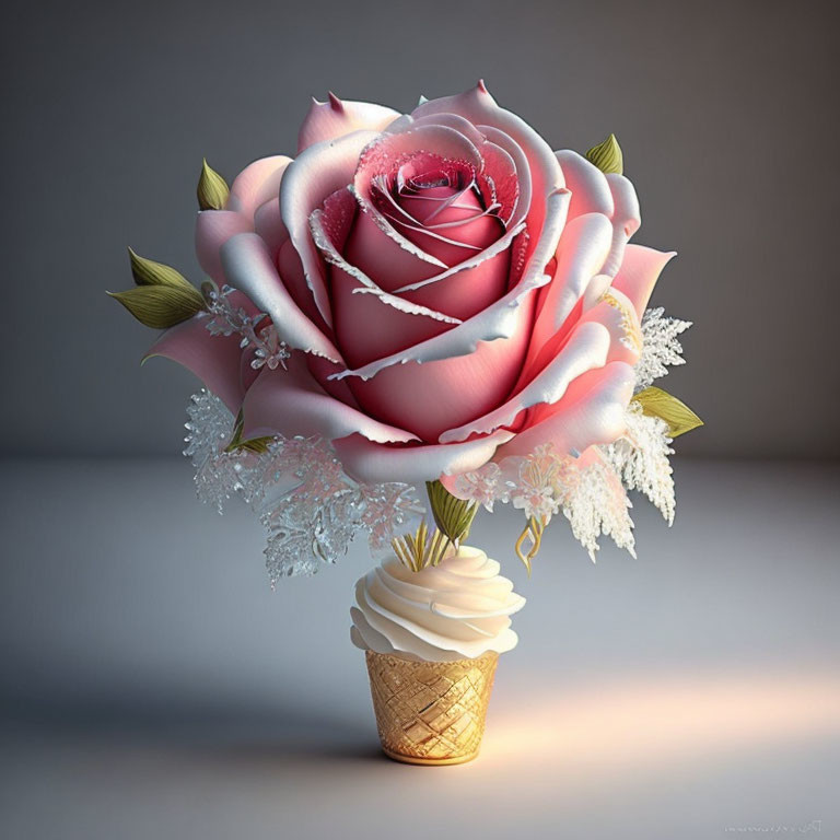 Digitally created image of pink rose with dew drops on petals on soft-serve ice cream cone