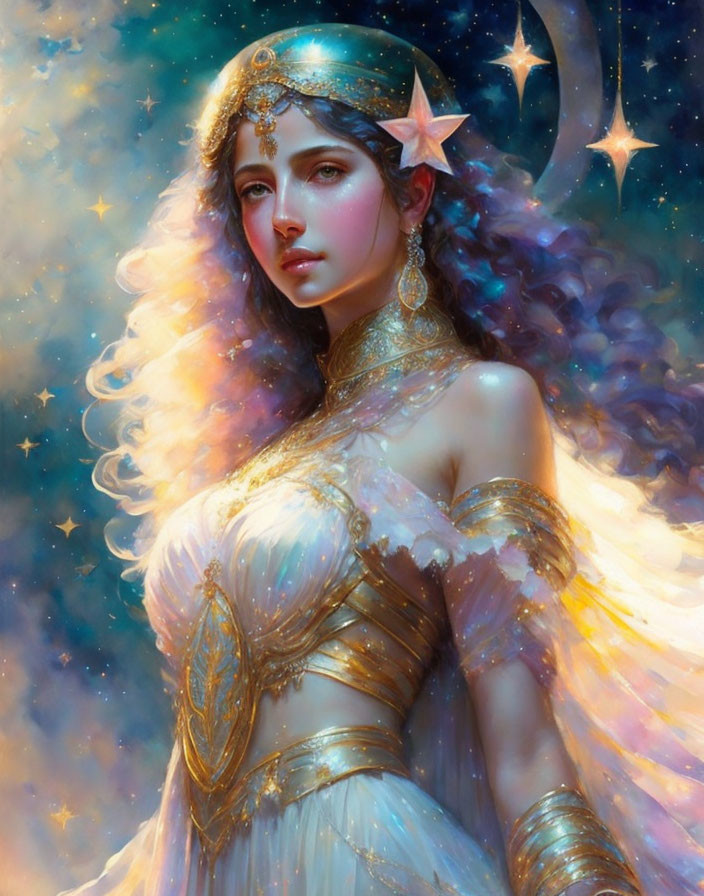 Mystical woman with cosmos background and golden jewelry