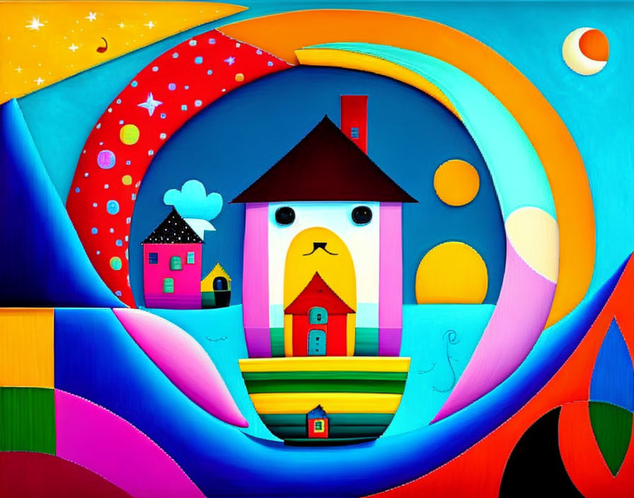 Colorful digital art: Stylized house with face, abstract shapes, vibrant hues, celestial motifs