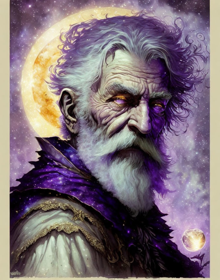 Elderly Man with White Hair and Beard in Mystical Purple Scene