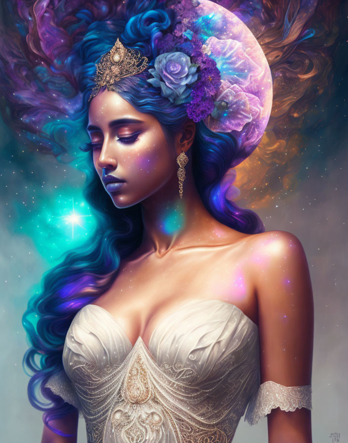 Mystical woman with cosmic diadem and flowing purple hair in serene setting