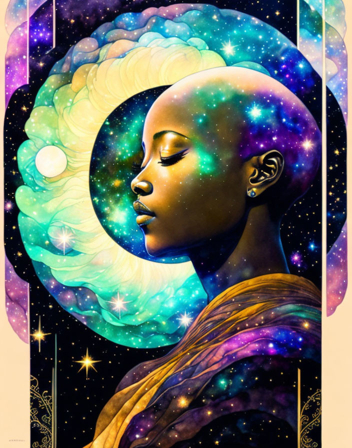 Colorful Woman in Cosmic Aura with Galaxy and Celestial Motifs