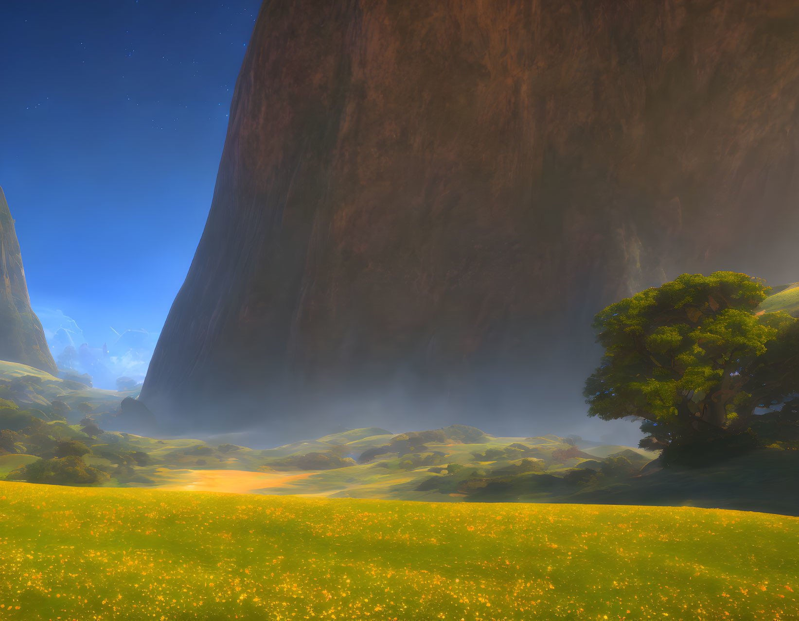 Lush meadow with yellow flowers, towering cliffs, solitary tree, misty ambiance at sunrise