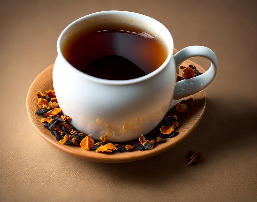 White Tea Cup with Decorative Handle, Dried Orange Slices, and Petals on Beige