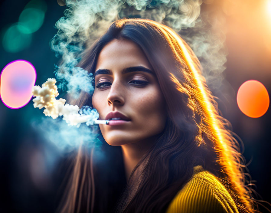 Dreamy woman exhales smoke in colorful bokeh lights