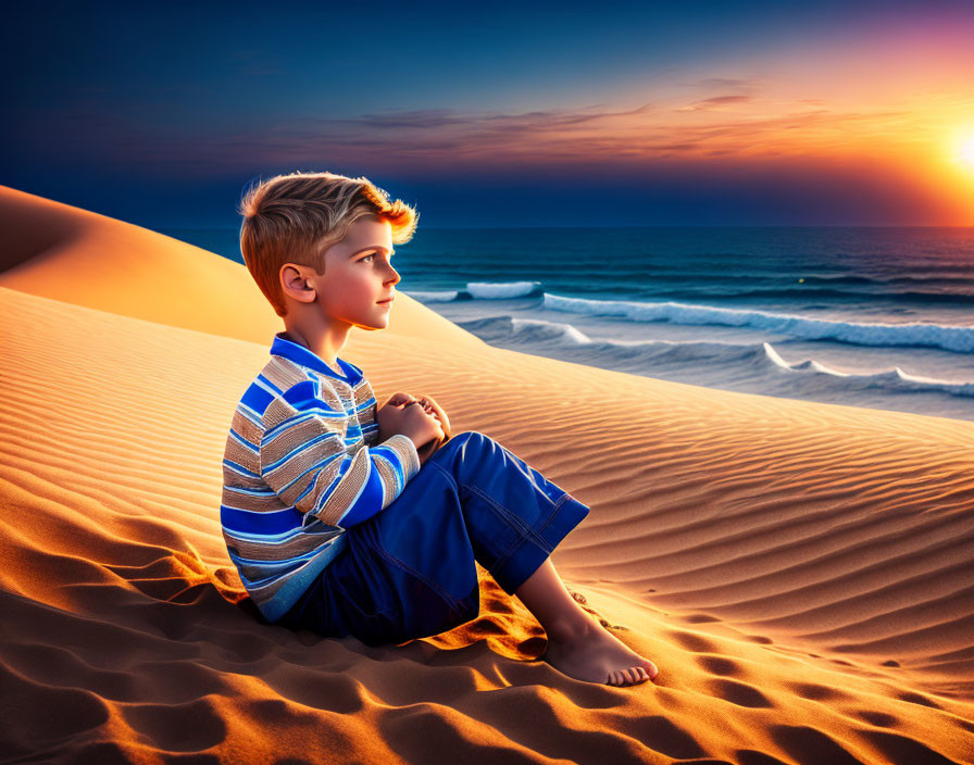 Young boy on sand dune watching sunset over ocean with waves