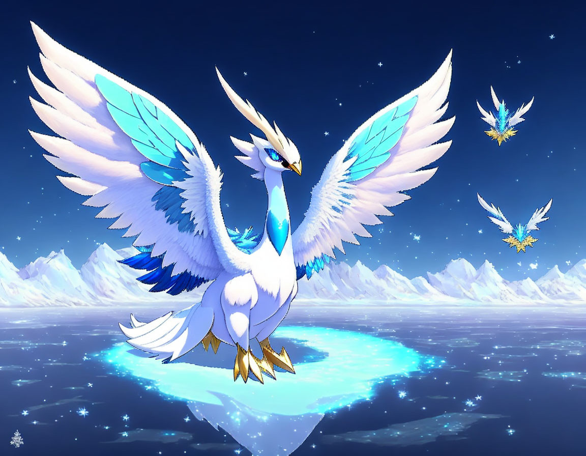 Blue and White Majestic Bird on Icy Surface with Starry Night Sky