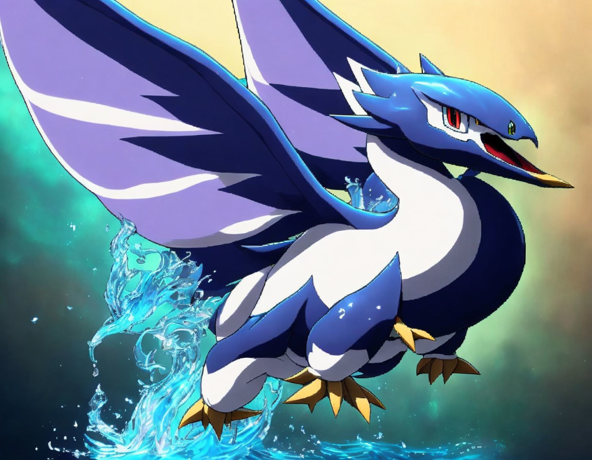 Blue and white bird-like creature with large wings in water splashes.