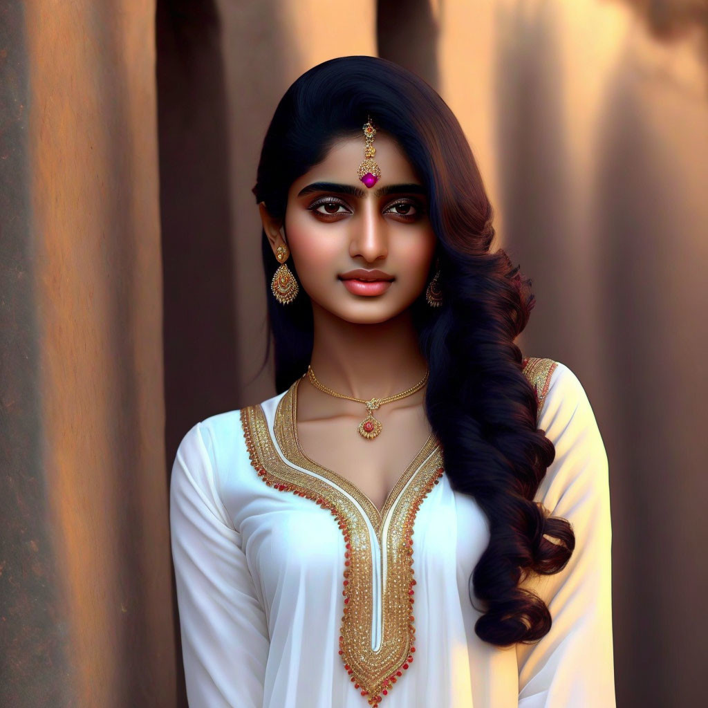 Traditional Indian jewelry on woman with long dark hair in white outfit