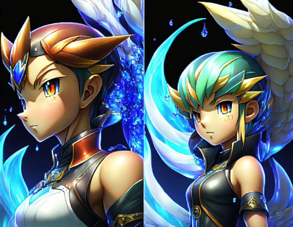 Animated characters in stylized armor with wings against magical backdrop