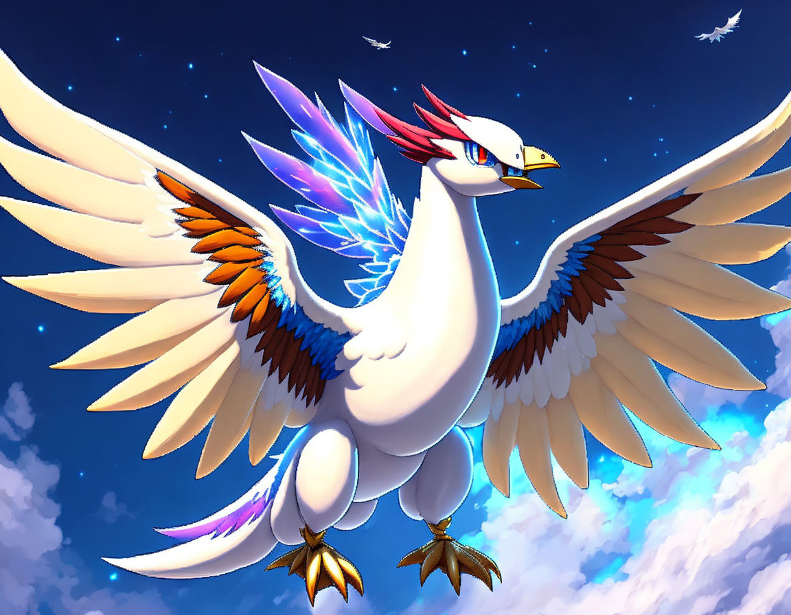 Colorful bird illustration soaring in blue sky