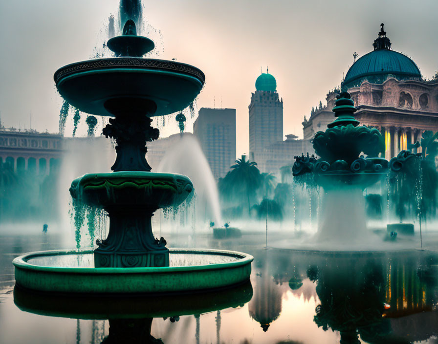 Fountain with Water Jets and Mist, Classical Building Silhouette