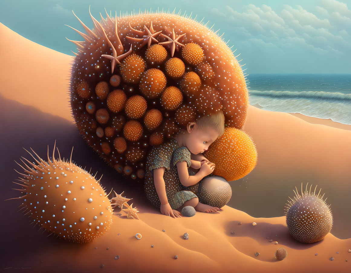 Child on Sand with Oversized Sea Urchins Under Blue Sky