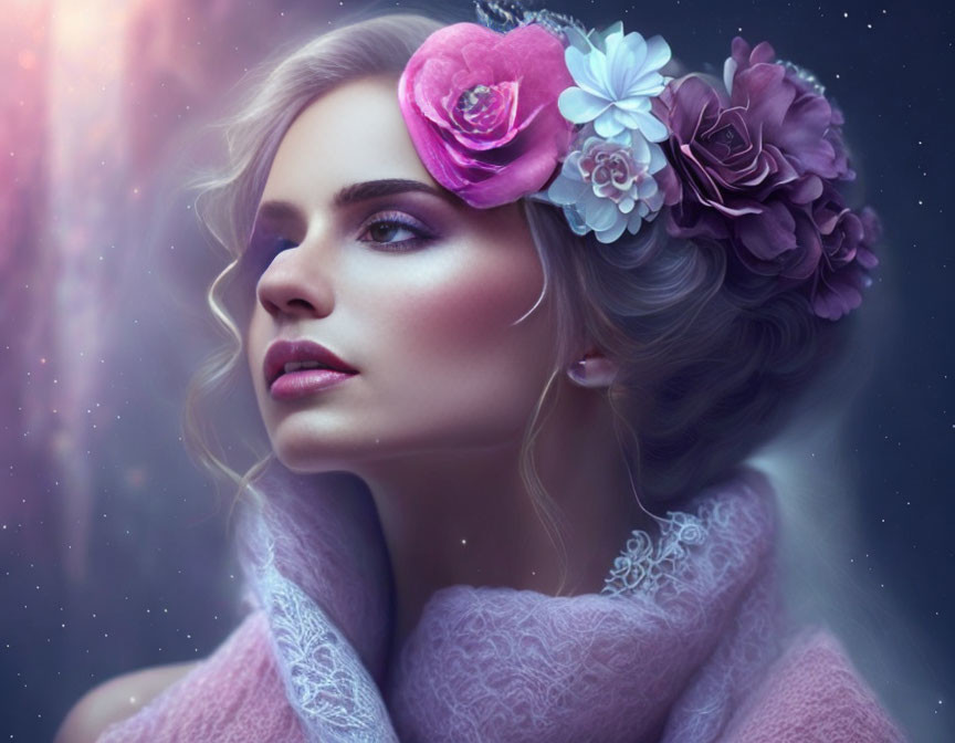 Woman with Floral Headpiece in Cosmic Setting