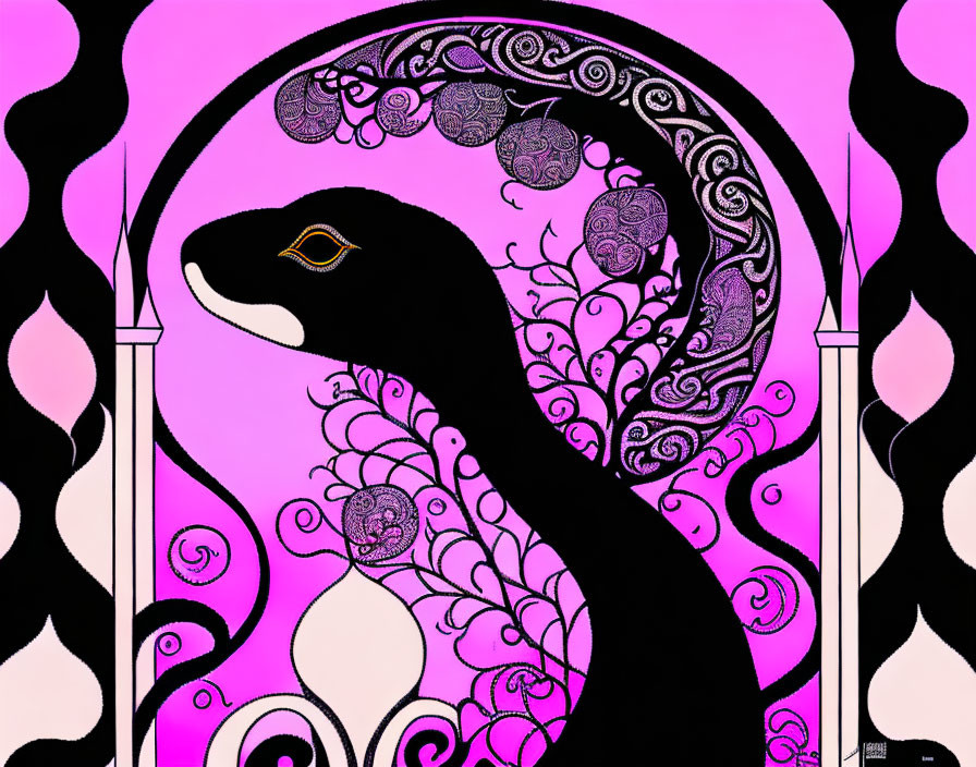 Stylized black peacock with intricate patterns on pink background