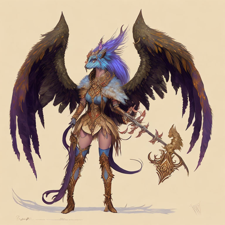 Anthropomorphic bird-like female character with large wings and mystical staff