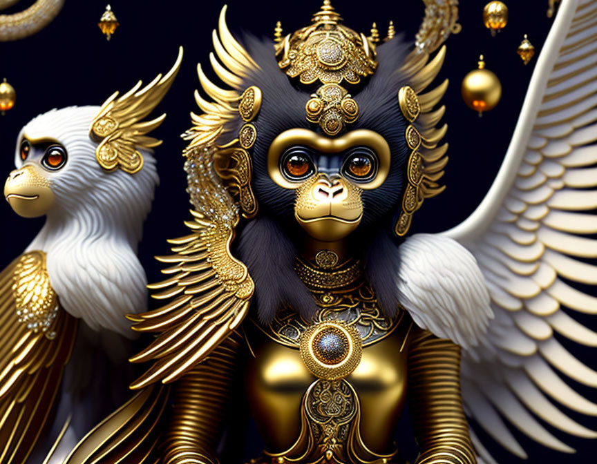 Mythological creatures with monkey faces, golden armor, and white wings on dark background