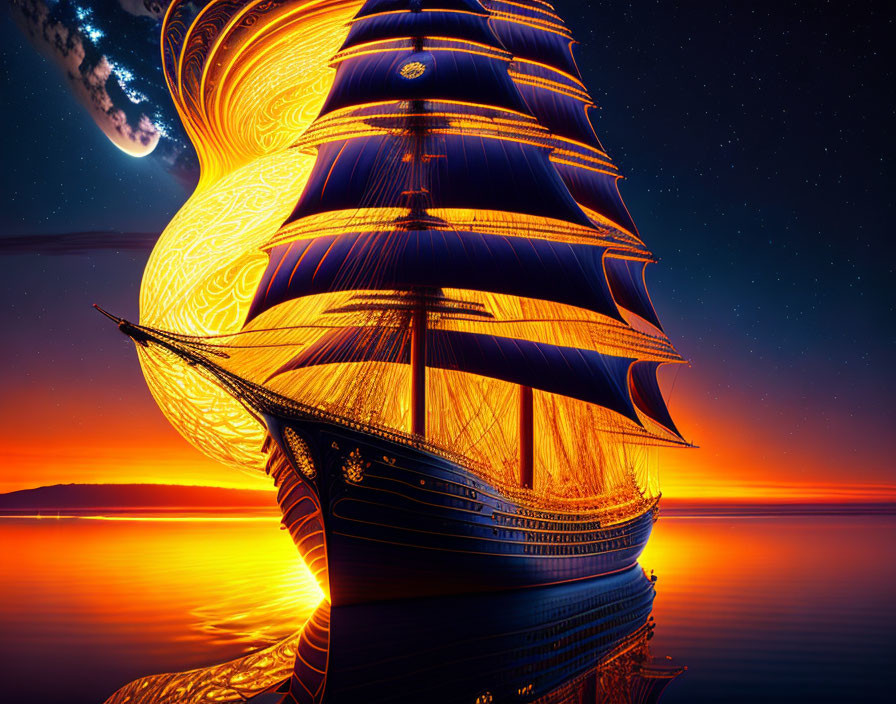 Luminous tall ship sailing on tranquil sea at sunset with golden lights and swirling vortex.