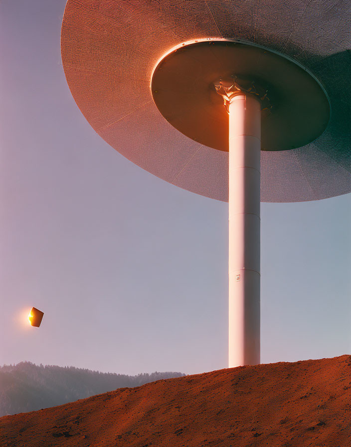 Futuristic wind turbine on hilly terrain at sunset