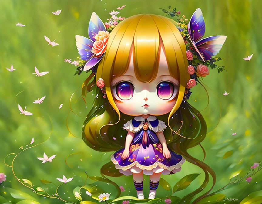 Illustration of anime-style girl with purple eyes and butterfly accessories in garden