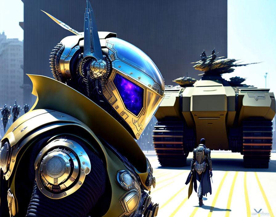 Armored figure with reflective visor and robotic tank in futuristic cityscape