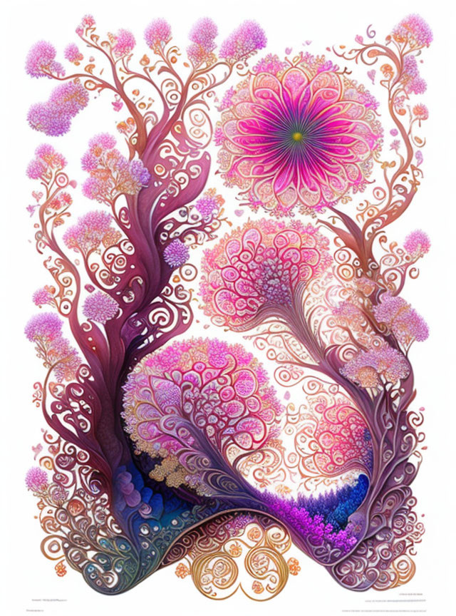 Colorful whimsical tree with intricate patterns and swirling branches