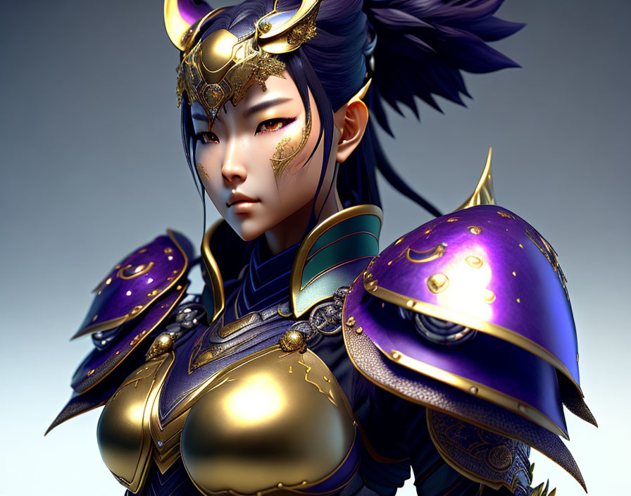 3D-rendered female warrior in purple and gold armor with feathered helmet