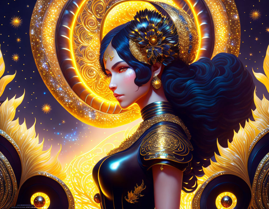 Digital artwork: Woman in golden headgear against cosmic backdrop