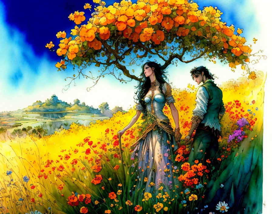 Colorful illustration of woman and man in elaborate attire under blossoming tree in flower field with pastoral backdrop