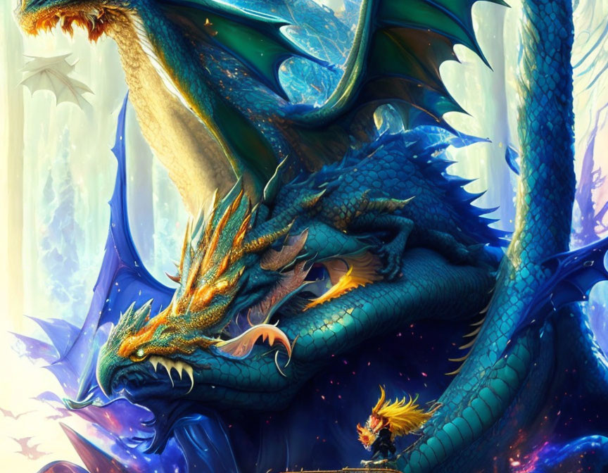 Majestic blue dragon with golden details among fantastical foliage