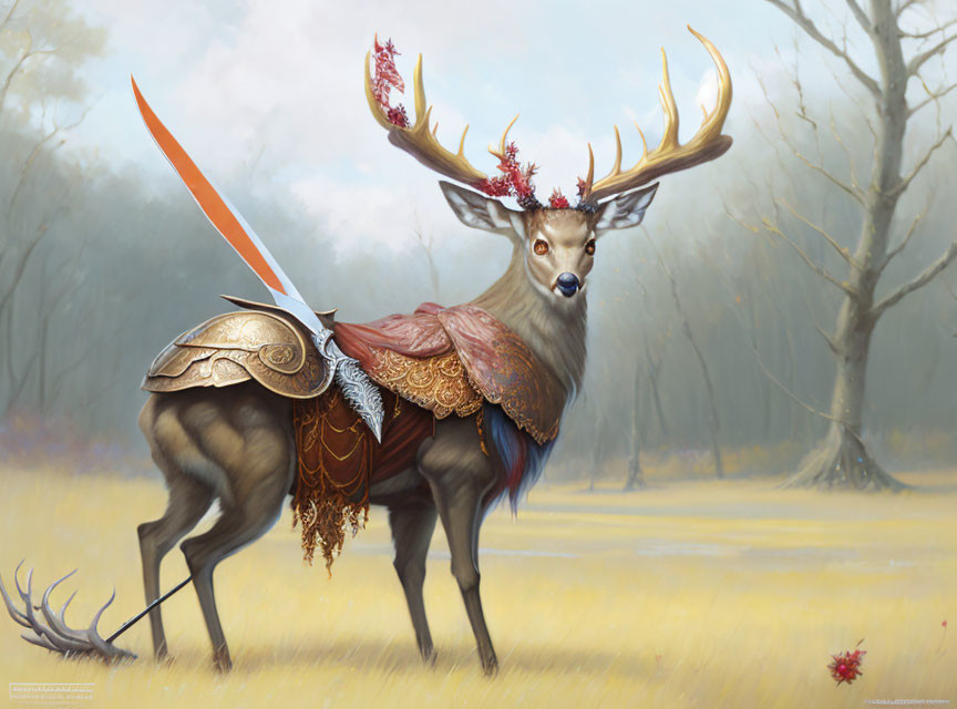 Majestic stag with blood-tipped antlers in misty forest clearing