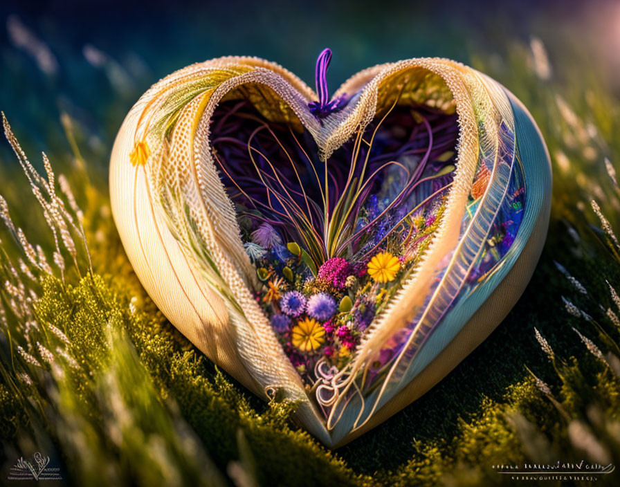 Heart-shaped structure with colorful flowers on mossy surface in warm sunlight