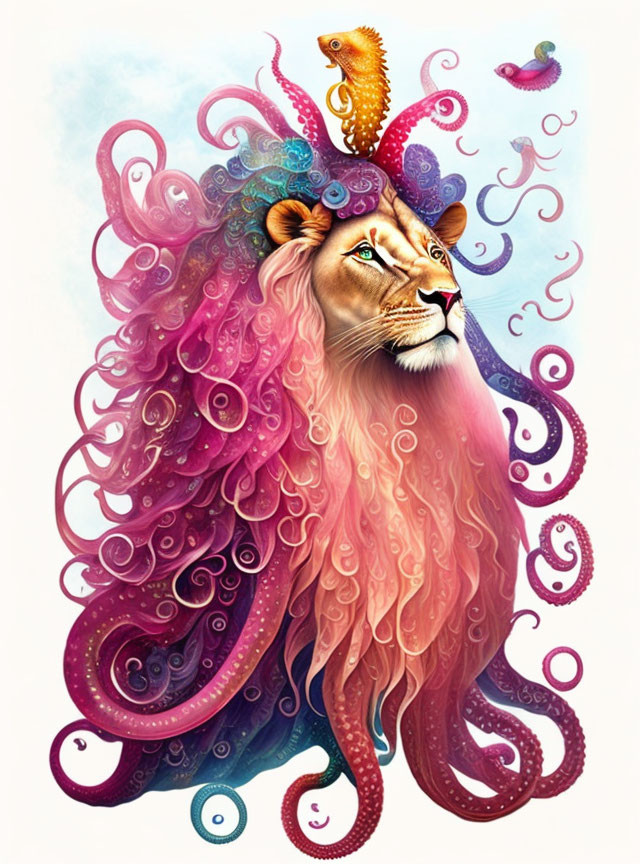 Colorful Lion Illustration with Octopus-like Mane and Sea Creatures