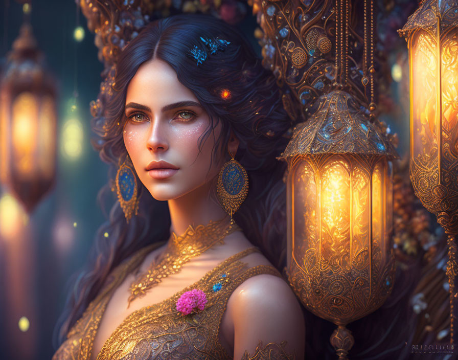 Digital artwork: Woman adorned in gold jewelry and embroidered attire, surrounded by glowing lanterns, emitting mystical