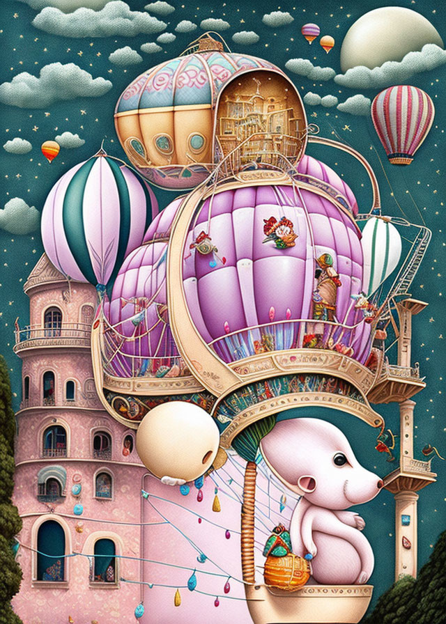 Pastel-colored elephant in hot air balloon with whimsical buildings