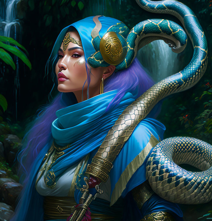 Mystical woman with purple hair and snake headdress in lush jungle setting