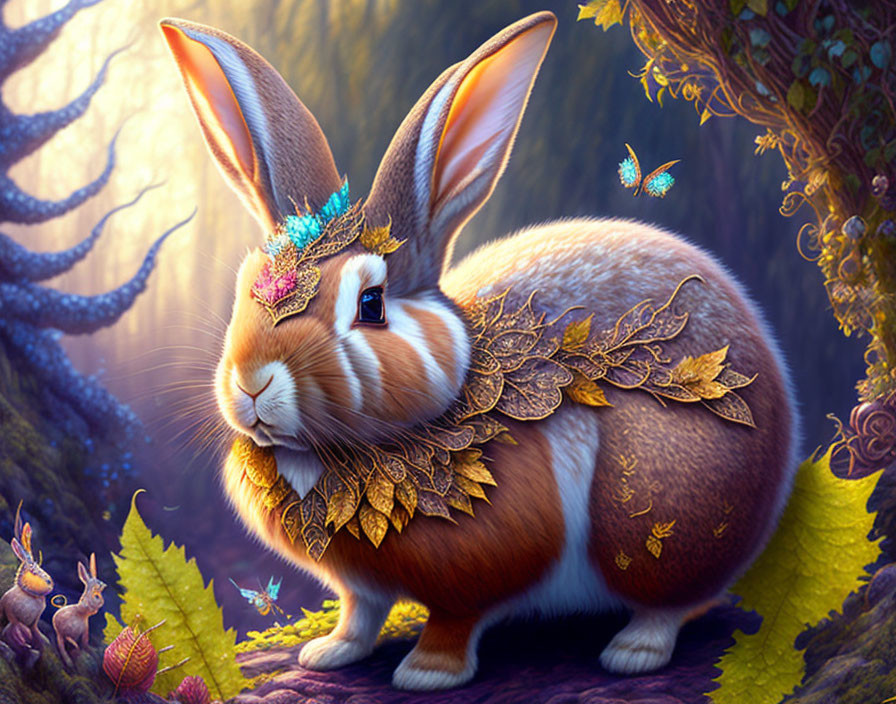 Whimsical rabbit with golden leaves and blue butterflies in enchanting forest