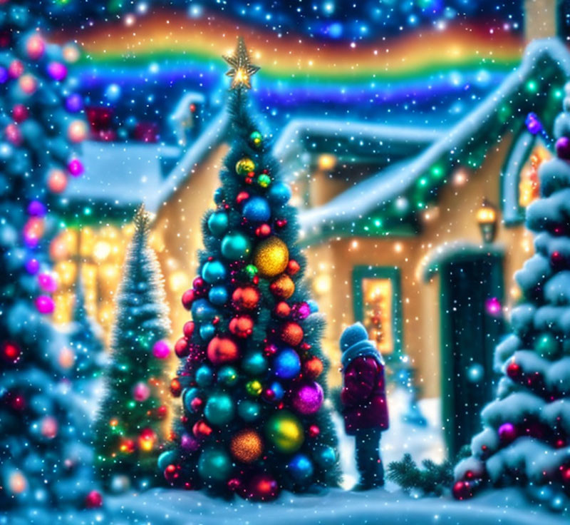 Child admires Christmas tree in snowy village under colorful night sky