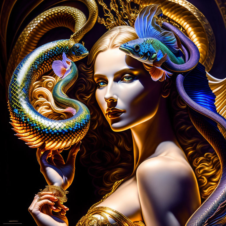 Surreal artwork: Woman with golden skin, headdress, snake, and betta fish